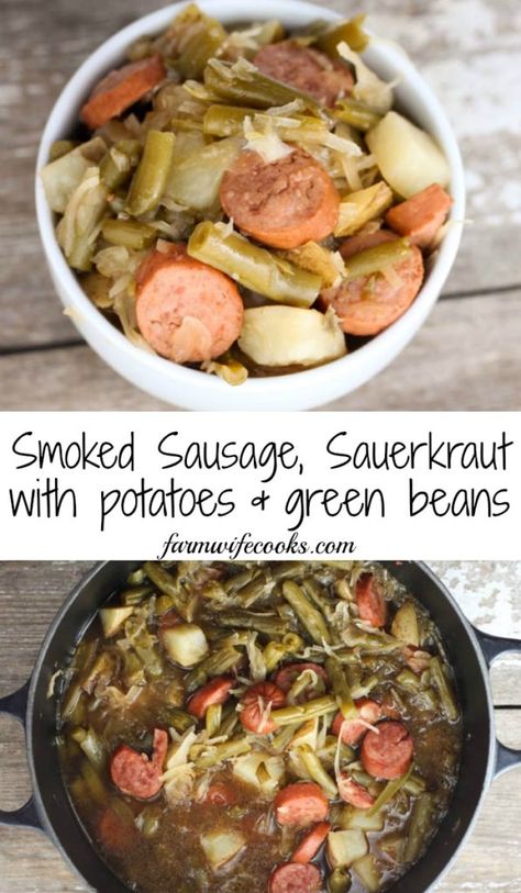 This Smoked Sausage, Sauerkraut Stew with Potatoes and Green Beans is an old fashioned dinner recipe that is made on the stove top. #dinnerrecipes #easyrecipe Sausage Green Beans And Potatoes, Sausage Potatoes Green Beans, Sausage Green Beans, Sausage And Green Beans, Stew With Potatoes, Green Beans Soup, Sausage Sauerkraut, Beans And Potatoes, Potatoes And Green Beans