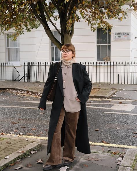 An outfit that combines everything I love at this time of year… cord trousers, vintage striped & a classic long black coat 🖤 Cord Trousers, Long Black Coat, Photo Corners, Long Black, Black Coat, Trousers, I Love, Black