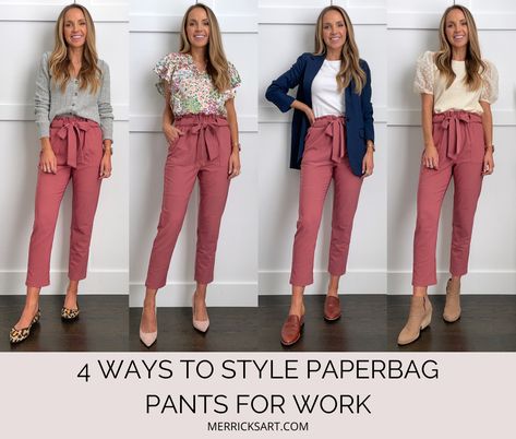 How to Wear Paper Bag Pants for Work - Merrick's Art Outfits With Paper Bag Pants, Drawstring Pants Outfit Work, Pink Paper Bag Pants Outfit, What To Wear With Paper Bag Pants, Womens Work Outfits 2023, Paper Pants Outfits, Styling Paper Bag Pants, How To Wear Paper Bag Pants, How To Style Paper Bag Pants