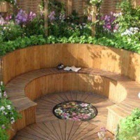 Curved Garden Benches - Ideas on Foter Built In Garden Seating, Backyard Seating Ideas, Garden Seating Area, Raised Patio, Prayer Garden, Curved Bench, Railway Sleepers, Fire Pit Seating, Meditation Garden