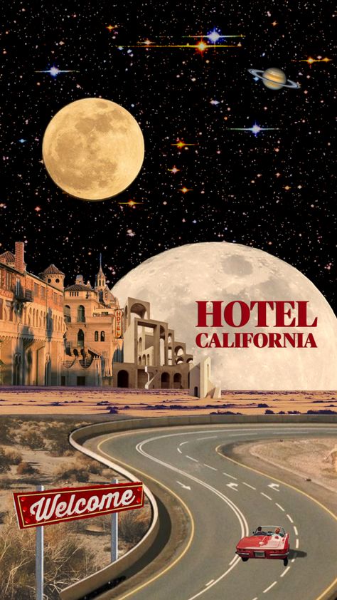 #hotelcalifornia #song #songaesthetic #eagles #retrofuturism #liminalspace The Eagles Band Poster, Vintage Concert Posters 70s, Song Vintage Posters, The Eagles Hotel California, Wall Poster Collage Ideas, 70s Aesthetic Graphic Design, Eagles Band Wallpaper, Vintage Song Posters, Retro Rock Aesthetic