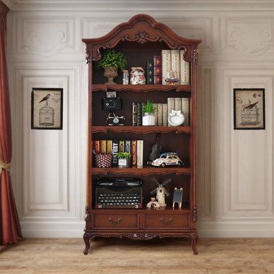 American vintage bookcase solid wood European carved living room bookcase as an old display shelf shelf French light luxury modern bookcase, with 2 drawers, 4 layers of display area, large storage space, easy to store, the product does not need to be assembled, easy to use. | STAR BANNER American Vintage Bookcase Solid Wood Carved Living Storage Bookcase Wood in Brown | 78.74 H x 35.43 W x 14.96 D in | Wayfair Brown Book Shelves, Library Wood Design, French Style Bookcase, Old Book Shelf Aesthetic, Bookshelf For Living Room, Antique Bookshelf Decor, Vintage Bookshelf Aesthetic, French Bookshelf, Vintage Living Room Aesthetic