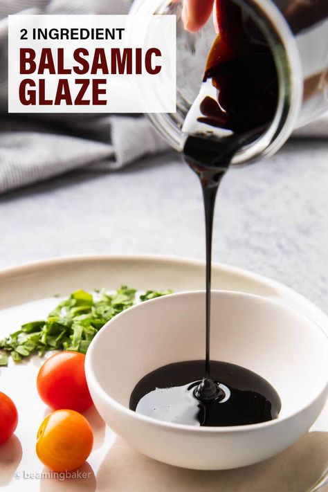 A thick glaze ideal for drizzling over bruschetta, this balsamic glaze recipe is made with just 2 simple ingredients, it's nearly effortless to prepare! It's tangy and slightly sweet--the perfect complement for appetizers, antipasti, chicken, pasta, and more. | Recipe at BeamingBaker.com How To Make Balsamic Glaze, Balsamic Glaze Recipe, Beaming Baker, How To Make Bruschetta, Balsamic Glaze Recipes, Vegetable Diet, Diy Food Gifts, Pesto Pasta Salad, Savory Salads