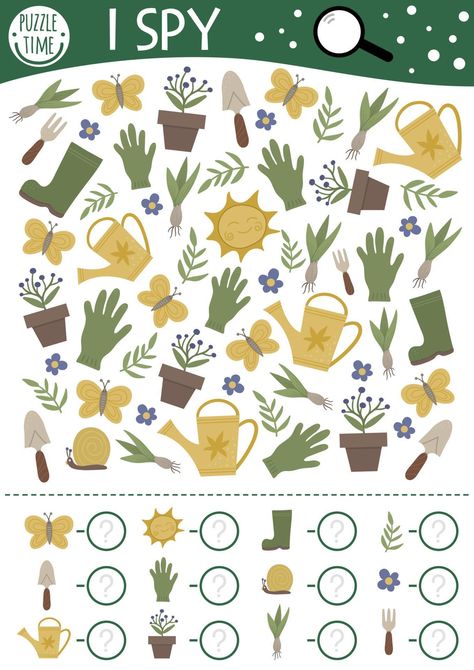 Garden I spy game for kids. Searching and counting activity for preschool children with tools, baby plants. Funny spring printable worksheet for kids. Simple spotting puzzle. Gardening Games For Kids, Garden Math Activities Preschool, Gardening Activities For Preschoolers, Gardening Worksheets, Garden Worksheet, Spring I Spy, Garden Activities For Kids, Farm Week, Spy Games For Kids