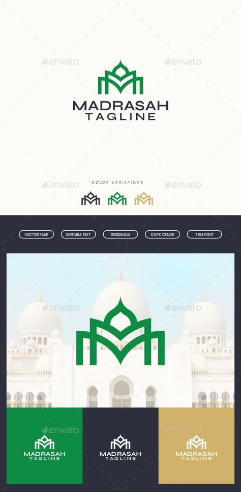 Mosque Letter M Logo Template - Buildings Logo Templates Logo Madrasah, M Logo Ideas, Mosque Logo Design, M Logo Design Ideas, Quran Logo, Tourism Branding, Mosque Logo, Ms Logo, Islamic Logo