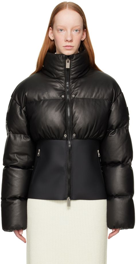 Quilted and down-filled grained lambskin jacket. Stretch polyester neoprene waist panel. · Funnel neck · Two-way zip closure · Rivets at front · Zip pockets · Logo patch and stud at sleeves · Elasticized inset cuffs · Logo-embroidered grosgrain locker loop at back · Flatlock stitching at back darting · Partial taffeta lining · Logo-engraved silver-tone hardware Part of the 6 Moncler 1017 ALYX 9SM collection. Supplier color: Black Fill: 90% goose down, 10% feathers. Ski Apparel, Outdoor Sportswear, Moncler Genius, Lambskin Jacket, Jeff Koons, Moncler Jacket, 1017 Alyx 9sm, Padded Coat, Silver Engraving