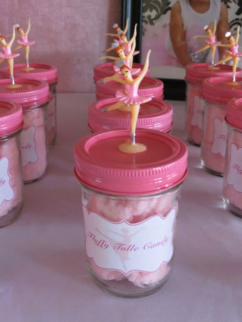 Such a cute idea. I think I will remember this for other things like holding bows.  By changing the top, this could be used to hold all kinds of stuff.  For kids, I would use unbreakable jars like peanut butter jars. Cotton Candy Party Favors, Jar Toppers, Cotton Candy Party, Nutcracker Party, Ballet Birthday Party, Ballet Birthday, Ballet Party, Ballerina Birthday Parties, Ballerina Party