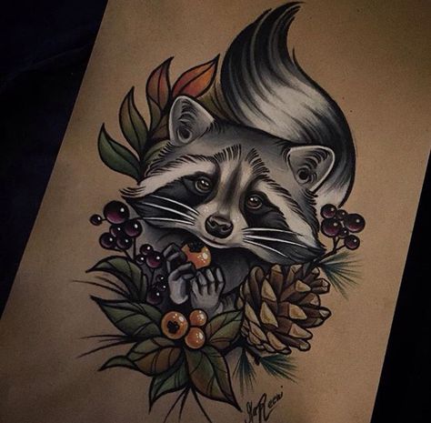 Racoon Tattoo, Natur Tattoo Arm, Raccoon Tattoo, Mother Nature Tattoos, Nature Tattoo Sleeve, Neotraditional Tattoo, Nature Tattoo, Geniale Tattoos, Tatuaje A Color