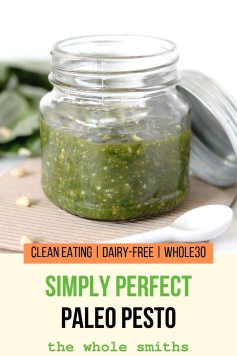 PALEO PESTO |  A dairy-free, Whole30 compliant pesto recipe made with basil, pine nuts, olive oil and cashew nuts! So simple and easy to make from scratch and so delish you'll want to put it on everything! Whole30 Pesto, Vegan Basil Pesto, Paleo Pesto, Vegan Pesto Recipe, Nut Free Pesto, Basil Pesto Recipe, Dairy Free Pesto, Basil Pesto Recipes, Vegan Pesto