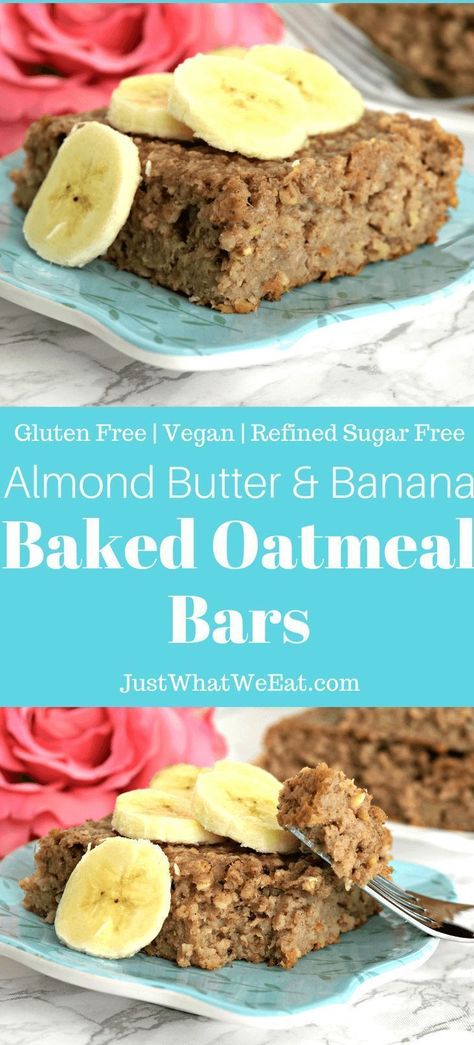 Almond Butter & Banana Baked Oatmeal Bars ~ Let me tell you something, I NEVER thought I could be so excited about an oatmeal based recipe as I was when I took my first bite of these baked oatmeal bars. They are delicious, sweet, and were so easy to make. Banana Baked Oatmeal Bars, Baked Oatmeal Bars, No Bake Oatmeal Bars, Banana Baked Oatmeal, Organic Baby Food, Oatmeal Bars, Banana Oatmeal, Dairy Free Dessert, Baked Oatmeal