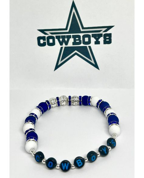 Experience awesomeness! Introducing Dallas Cowboy Football Bead Bracelets - Handcrafted Fan Accessories, available now at an amazing price of $10.00 #SportsJewelry #DallasCowboys #AcrylicBeads #StretchyBeads #SilverFiligreeBead #PolymerClayBeads #TeamSpirit #BlueWhiteSilver #TexasBracelets #FashionJewelry Cowboy Football, Dallas Cowboy, Sports Jewelry, Dallas Cowboys Football, Fan Accessories, Cowboys Football, Bead Bracelets, Polymer Clay Beads, Silver Filigree