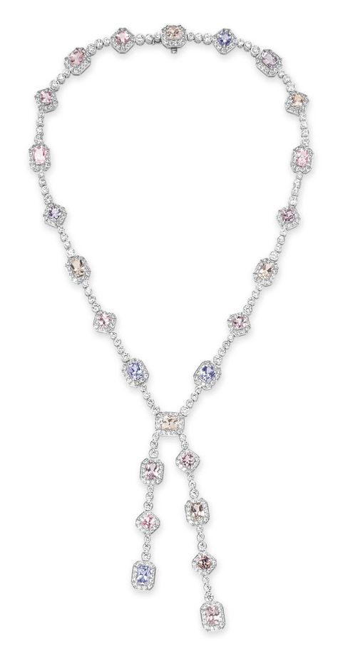 A DIAMOND AND MULTI-COLORED SAPPHIRE NECKLACE, BY TIFFANY & CO. | Christie's Jewelry Tiffany, Sapphire Necklace, Square Cut, Tiffany & Co., Platinum, Silver Necklace, Sapphire, Purple, Silver