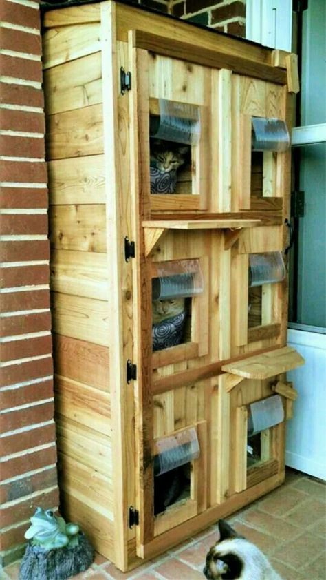 30 Best DIY Outdoor Cat House Plans Outside Cat House, Cat House Plans, Outdoor Cat Shelter, Feral Cat Shelter, Feral Cat House, Katt Grejer, Wooden Cat House, Niche Chat, Cat Patio