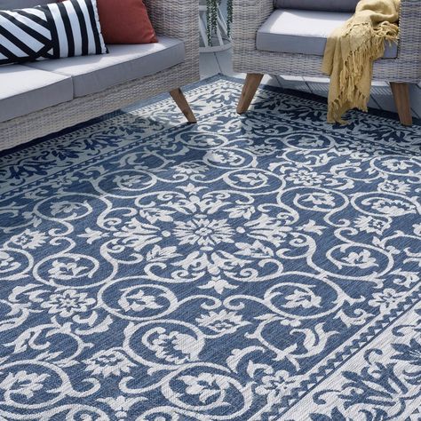 Bliss Rugs Lilly Transitional Indoor/Outdoor Area Rug - Walmart.com - Walmart.com Scroll Pattern Design, Painted Porch, Condo Decor, Subtle Background, Mudroom Entryway, Porch Rug, 5x8 Area Rugs, Outdoor Rugs Patio, Painted Rug