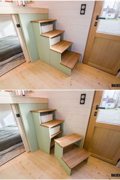 House Staircase Ideas, Tiny House Staircase, Tiny House Stairs Ideas, Small Rustic Bathroom Ideas, Tiny Home Ideas, House Flips, Living Room Upstairs, Tiny House Hacks, Space Saving Staircase