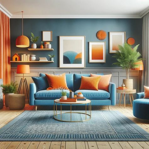 blue couch with orange furniture Pale Blue And Orange Living Room, Air Bnb Ideas Decor Living Room, Furniture Color Ideas, Blue Couch Decor, Blue Sofa Decor, Bnb Decor, Blue And Orange Living Room, Deco Orange, Light Blue Pillows