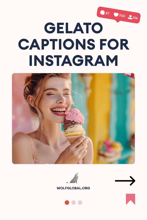 A joyful woman holding a colorful gelato cone with "Gelato Captions for Instagram" text overlay.
Graphic with playful gelato-related phrases and a call-to-action button for more content.
Promotional image for WolfGlobal.org featuring a woman with a laptop and social media icons. Gelato Quotes, Gelato Italy, Catchy Captions, Gelato Flavors, Love And Gelato, Beach Captions, Gelato Shop, Instagram Captions For Selfies, When Life Gets Tough