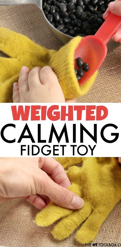 use a glove to make a weighted fidget toy. Fidgets Diy, Diy Sensory Toys, Fidget Tools, Diy Fidget Toys, Sensory Diet, Fidget Blankets, Fidget Quilt, Sensory Tools, Sensory Integration