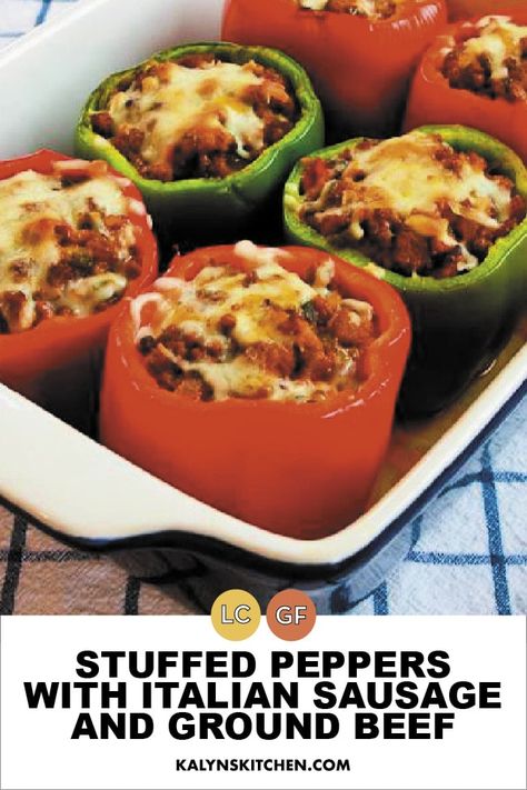 Anyone who likes stuffed peppers will enjoy these cheesy low-carb Stuffed Peppers with Italian Sausage and Ground Beef! This is a favorite stuffed pepper recipe that I've been making for years! [found on KalynsKitchen.com] #LowCarbStuffedPeppers #StuffedPeppers #LowCarbRecipe Stuffed Peppers With Italian Sausage, Stuffed Bell Peppers Ground Beef, Stuffed Pepper Recipe, Low Carb Stuffed Peppers, Turkey Italian Sausage, Stuffed Peppers Beef, Stuffed Peppers With Rice, Keto Stuffed Peppers, Pepper Recipe