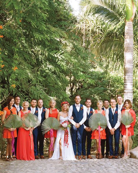 Bridesmaids dressed in pink, orange, and red, and carried palm fronds. The guys all wore navy, plus bolo ties that Dan had given them as gifts. Boho Wedding Colors, Moods Of Norway, Wedding Color Schemes Spring, Diy Beach Wedding, Wedding Color Palettes, Orange Bridesmaid, Wedding Renewal, Color Palette Inspiration, Lace Suit