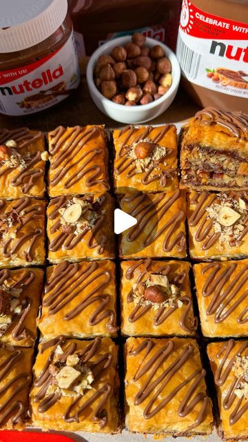 SCARLETT HOLMES🌟easy recipes! on Instagram: "NUTELLA BAKLAVA❤️🥰🫶
Probably my new favourite dessert!!! Crispy buttery filo pastry sheets, roasted halzelnuts & delicious Nutella. 

#recipe (16 servings)
Syrup
❤️ 140 mL water
❤️ 115g caster sugar
❤️ 135g honey
❤️ 1 Tbsp lemon juice
Baklava
❤️ 40 sheets filo pastry (cut to size)
❤️ 280g salted butter, melted
❤️ 420g nutella
❤️ 250g hazelnuts, finely chopped

1.Make the syrup first to ensure it’s cool when making the baklava. If you pour hot syrup over a hot baklava it will go soggy. Add all ingredients to a saucepan and bring to the boil. Then reduce heat to low and simmer for 6 minutes. Remove from heat and let it cool, refrigerate.
2.Butter the bottom of an 8x8 baking dish. Place a piece of filo pastry down (you may need to cut it to size Nutella Baklava, Nutella Recipe, Bbq Party Food, Baklava Recipe, Armenian Recipes, Filo Pastry, Cookie Cake Recipe, Phyllo Dough, Pastry Sheets