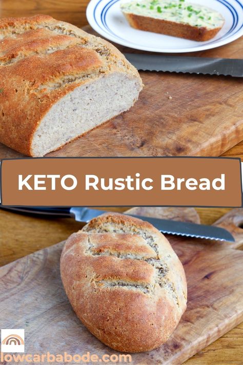 This low-carb bread comes incredibly close, both in looks and texture, to traditional artisan bread. It is chewy, has a thick crust, and tastes like rustic whole-wheat bread! With just a few ingredients, you can make it in no time! Keto Brood, Best Keto Bread, Low Carb Low Fat Recipes, Breakfast Low Carb, Lowest Carb Bread Recipe, Postre Keto, Baking Powder Uses, Baking Soda Beauty Uses, Rustic Bread