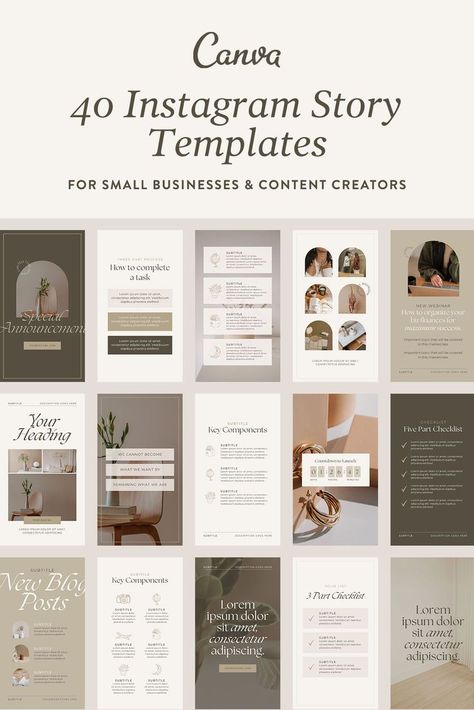 Effortlessly craft a stunning and unified Instagram feed with these luxurious Canva templates. This collection of 40 fully customizable pre-made Instagram stories streamlines your social media process, saving you time, resources, and frustration. Featuring elegant typography, minimalist designs, and a timeless neutral color palette, these templates empower you to create on-brand content that captivates your target audience. 
.#CanvaTemplates #SocialMediaDesign #InstagramIdeas #PinterestTemplates #CreativeCanva Luxury Instagram Story, Earthy Branding, Luxury Instagram, Typography Minimalist, Templates Aesthetic, Business Model Canvas, Minimalist Layout, Business Colors, Instagram Canva