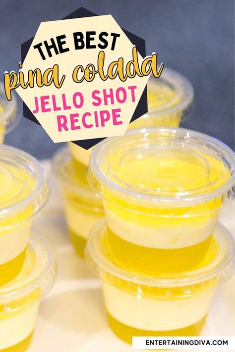 I love this Pina Colada jello shot recipe! They are the best yellow jello shots and the layers are easier to do than they look. Party Ideas For Adults Alcohol, Pina Colada Jello Shots Recipe, Orange Jello Shots, Pina Colada Jello Shots, Spiked Lemonade, Party Ideas For Adults, Orange Jello, Pudding Shots, Party Drinks Alcohol