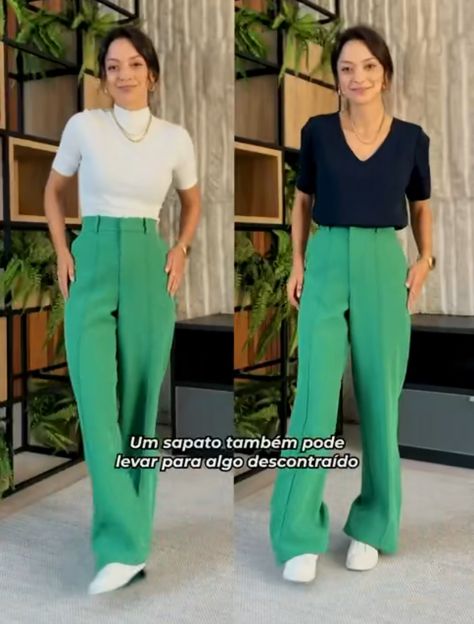 Green Slacks Outfit Women, Green Wide Leg Pants Outfit, Green Trousers Outfit, White Crop Top Outfit, Slacks Outfit, Green Pants Outfit, Bali Trip, Wide Leg Pants Outfit, Green Outfits