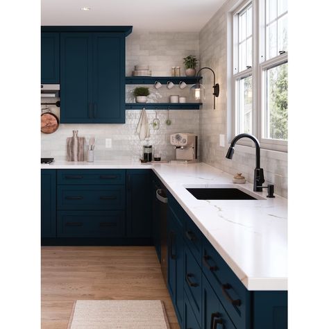 Navy Blue Cabinets With Black Hardware, Blue Shaker Kitchen Cabinets, Navy Kitchen Cabinets, Blue Gray Kitchen Cabinets, Grey Blue Kitchen, Flat Panel Doors, Navy Kitchen, Shaker Door Styles, Blue Kitchen Cabinets