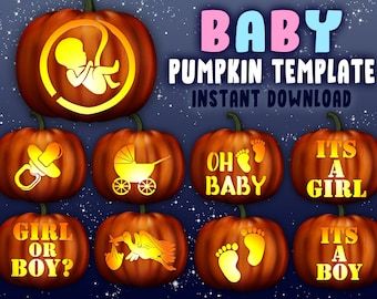 Baby Announcement Pumpkin Carving, Pumpkin Carving Ideas Pregnant, Jack O Lantern Patterns, Gender Reveal Halloween, Pumpkin Baby Announcement, Pumpkin Face Templates, Pumpkin Pregnancy Announcement, Pumpkin Gender Reveal, Pumpkin Cravings