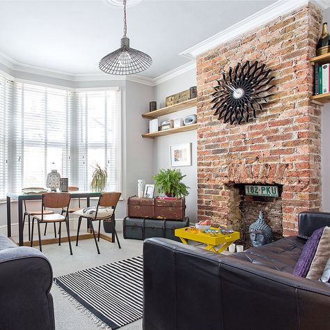 Consider stripping back your walls to the bare brickwork to reveal instant character – or cheat using brick wallpaper! The choice is yours... Brick Wallpaper Ideas, Wallpaper Ideas For Living Room, Brick Wallpaper Living Room, Exposed Brick Fireplaces, Brick Wall Living Room, Brick Living Room, Brick Fireplaces, Brick Chimney, Wallpaper Room