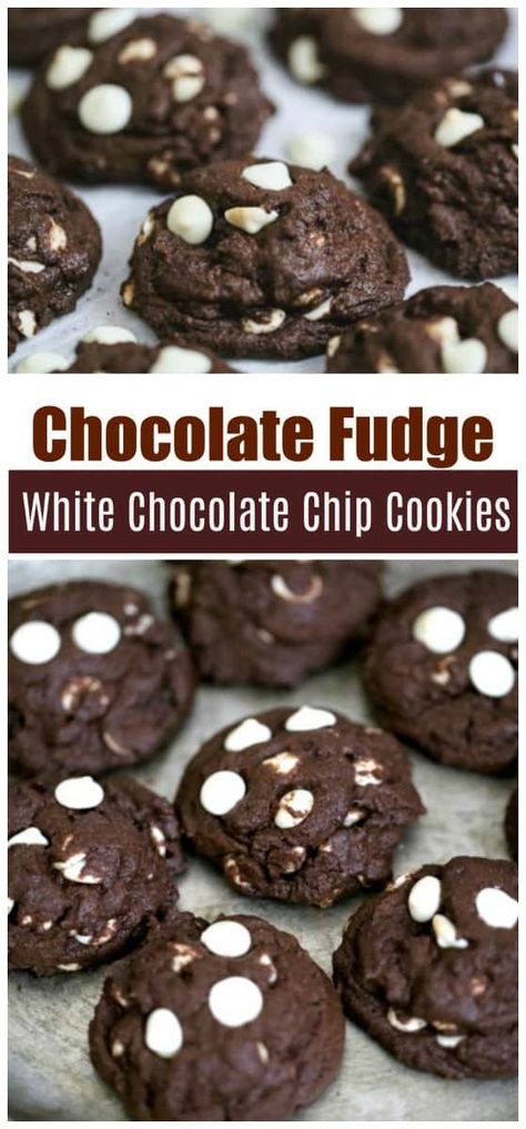 Chocolate Fudge White Chocolate Chip Cookies - Vegan & GF Options - These yummy, stylish Chocolate Fudge White Chocolate Chip Cookies are so full of chocolate fudgy flavor and loaded with rich & creamy white chocolate chips.  They are quite irresistible. #whitechocolate #blackandwhitecookies #cookies #chocolatecookies #chocolatechip cookies #holidaycookies #vegan #glutenfree Chocolate White Chip Cookies, Chocolate Cookies With White Chips, Chocolate White Chocolate Chip Cookies, Fudge White Chocolate, Chocolatechip Cookies, Superbowl Recipes, Tempting Food, Potluck Food, White Chocolate Chip