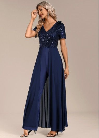 Navy Sequin Long Short Sleeve V Neck Jumpsuit | modlily.com - USD 45.98 Wedding Embellished Floor-length Jumpsuits And Rompers, Party V-neck Jumpsuit With Pockets, V-neck Embellished Jumpsuits And Rompers For Evening, Elegant Lace V-neck Jumpsuits And Rompers, Elegant Blue V-neck Jumpsuits And Rompers, White Jumpsuit Wedding, Wedding Jumpsuit, Long Shorts, White Wedding