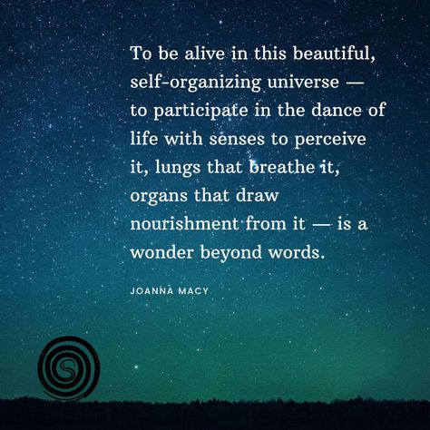 To be alive in this beautiful, self-organizing universe — to participate in the dance of life with senses to perceive it, lungs that breathe it, organs that draw nourishment from it — is a wonder beyond words. - Joanna Macy Joanna Macy, Self Organization, Self Actualization, Beyond Words, This Is Us Quotes, Lungs, New Quotes, The Dance, Emotional Intelligence