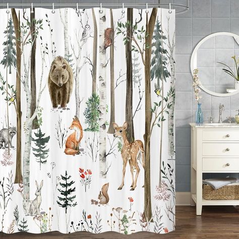 PRICES MAY VARY. Cabin Shower Curtain Quality: This forest shower curtain contains reinforced buttonholes, that fit most standard shower hooks (shower curtain hooks include). Rustic Forest Shower Curtain Applications: This wildlife animal shower curtain is perfect for home, apartment, condo, hotel, RV, dorm room, school shower, athletic club, gym and everywhere else you need a reliable shower curtain or liner; shower curtain hooks are included. Forest Shower Curtain Material: Made of durable, po Rustic Cottage Bathroom, Cabin Shower Curtain, Woodland Curtains, Camping Bathroom, Animal Shower Curtain, Kid Bathroom Decor, Fox Decor, Bathroom Carpet, Boys Bathroom