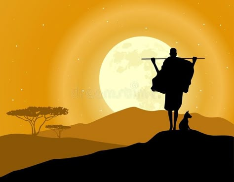 Africa landscape background. Hunter, animal silhouettes and moon rise. African savanna vector illustration Safari Illustration, Africa Silhouette, Africa Landscape, Africa Painting, Landscape Silhouette, African Savanna, Landscape Vector, Safari Art, African Inspired Decor