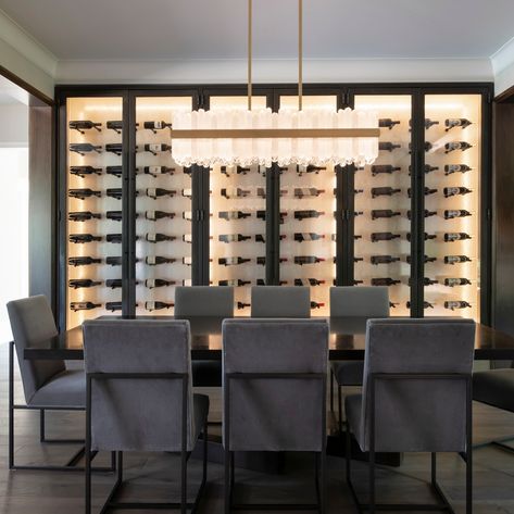 Dining Room Wine Wall, Wine Cellar Wall, Wine Room Design, Glass Wine Cellar, Wine Closet, Home Wine Cellars, Cellar Design, Modern Rustic Homes, Wine Wall