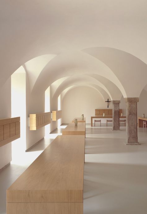 John Pawson, Novy Dvur Monastery, Bohemia, 2006 Monastery Interior, Agricultural Buildings, Modern Church, John Pawson, Arch Interior, Sacred Architecture, Religious Architecture, Church Architecture, Alvar Aalto