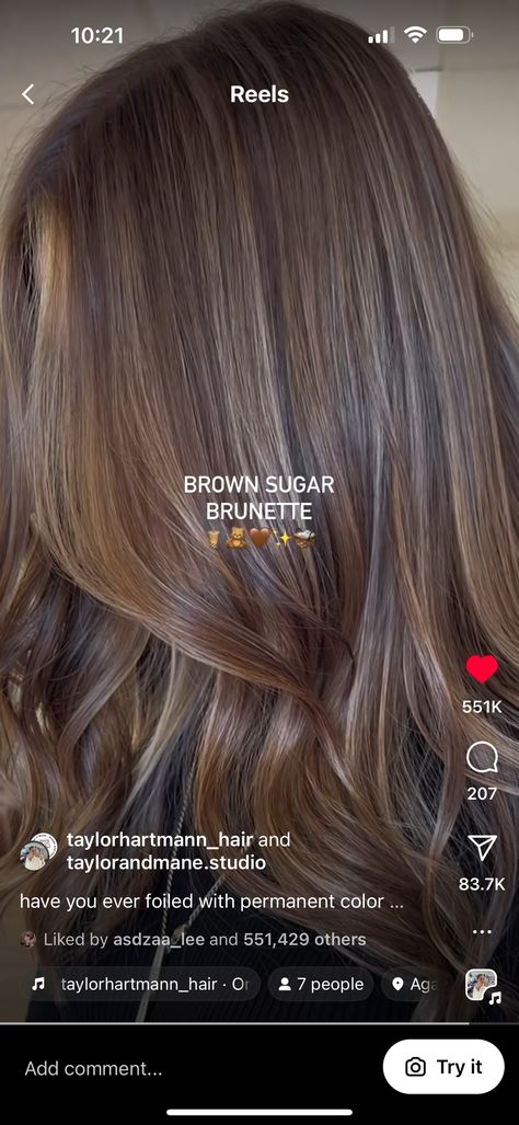 Brown Sugar Highlights, Brown Sugar Brunette Hair, Brown Sugar Hair Color, Brown Sugar Brunette, Brown Sugar Hair, Ash Brown Hair Color, Autumn Hair, Ash Brown Hair, Color Highlights