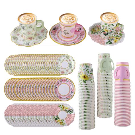 PRICES MAY VARY. ✅Complete Serving Set for Every Occasion:This set includes 96 pieces of 9-ounce paper tea cups with handles and 96 pieces of 6-inch tea trays in three vibrant hues. Serve up to 96 guests simultaneously, making it perfect for parties and everyday use. The variety of colors adds a festive touch, allowing you to share delightful moments with family, friends, and colleagues. ✅Elegant Floral Design:These paper tea cups and saucers feature a charming floral theme, available in three v Tea Party Supplies, Paper Tea Cups, Victorian Tea Party, Tea Party Sandwiches, Tea Party Decorations, Tea Tray, Tea Party Birthday, Floral Theme, Cup And Saucer Set