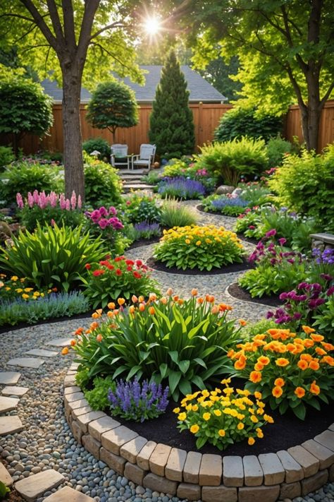 20 Pebble Garden Landscaping Ideas For Backyard - Toolz Geek Garden Rockery Ideas Raised Beds, Oak Tree Landscaping Backyards, Landscaping Around Deck Backyard, Rock Backyard Ideas, Rustic Landscape Ideas, Pebble Landscaping Ideas, Playset Landscaping, Wooded Backyard Landscape, Landscaping Ideas For Backyard