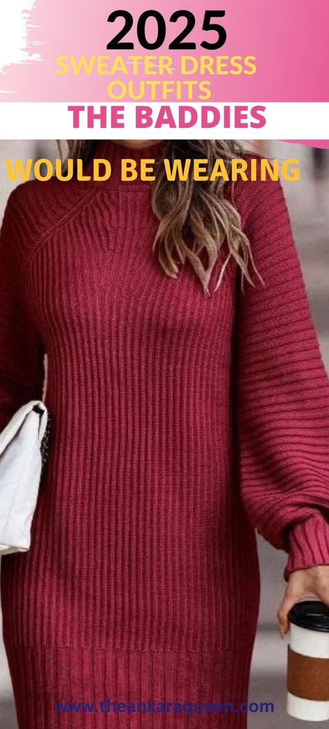 A cropped image of a white woman wearing a burgundy sweater dress and holding a coffee cup. Sweater Dress Outfit Ideas, Ways To Wear A Sweater, Sweater Dress With Boots, Sweater Dress Outfits, Sweater Dress With Tights, Midsize Women, Cocktail Party Attire, Outfits For Black Women, Trendy Date Night Outfit