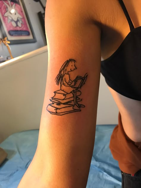 Matilda by Lyndi Lou, Mama Tried, Louisville, KY Matilda Tattoo, Harry Styles Inspired Tattoos, Literary Tattoo, Harry Tattoos, J Tattoo, Bookish Tattoos, Harry Styles Tattoos, Hand Tattoos For Girls, Literary Tattoos