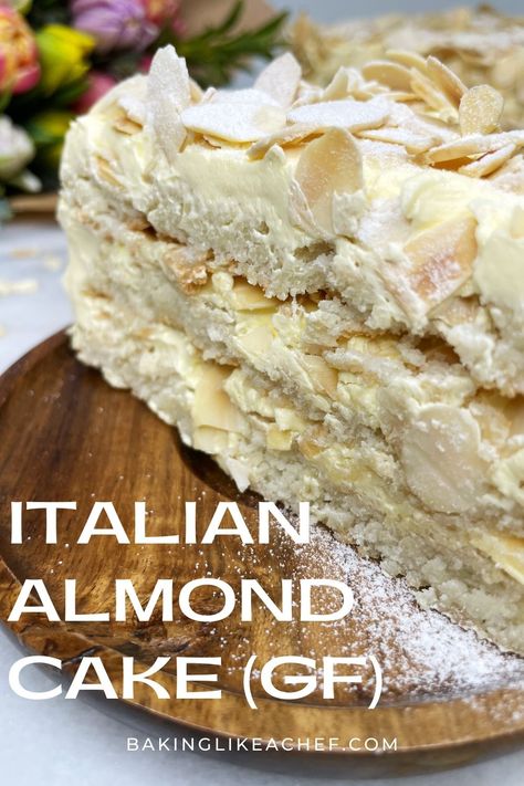 A single slice of layered almond cake with flowers in the background. Italian Almond Cake Recipe, Keto Almond Cake, Italian Almond Cake, Gluten Free Almond Cake, Glutenfri Baking, Almond Cake Recipe, Recipe Italian, Almond Flour Recipes, Feed A Crowd