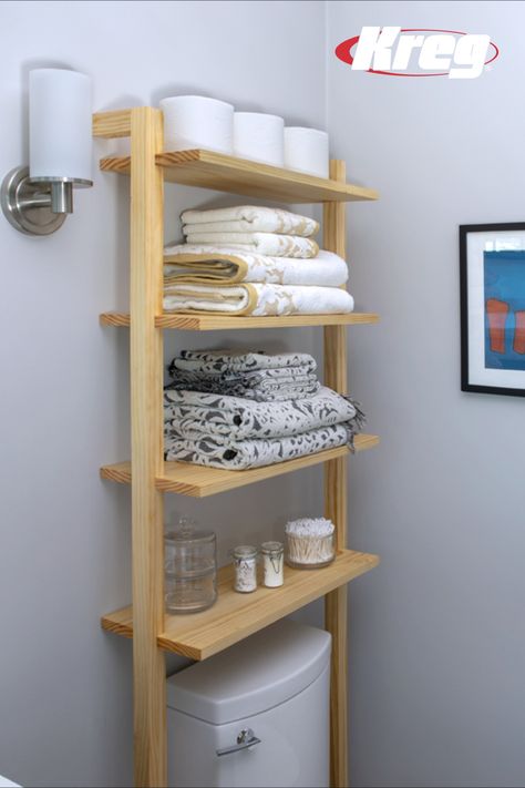 Add elegant storage to any bath with this simple, compact, but functional over-the-toilet ladder shelf. It’s a great place to store bathroom necessities in a room that’s always storage-challenged. Plus, it’s a perfect place to show off those beautiful guest towels nobody is ever allowed to use. Free printable plans with how-to steps, tools & materials list, cut list & diagram. Save Now, Build Later! #DIY #bathroom #storage #shelves #woodworking Diy Bathroom Storage Ideas, Bathroom Shelves For Towels, Shelves Above Toilet, Toilet Shelves, Diy Bathroom Storage, Project Plan, Bathroom Organization Diy, Creative Bathroom, Over Toilet