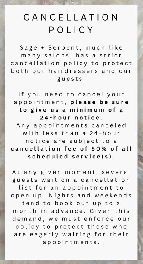 Cancellation Policy Cancelation Announcement Salon, Hairstylist Cancellation Policy, Deposit Required To Book Appointment, Cancellation Policy Salon, Salon Cancellation Policy, Booking Policy, Cancelation Policy, Hair Salon Marketing, Dream Salon