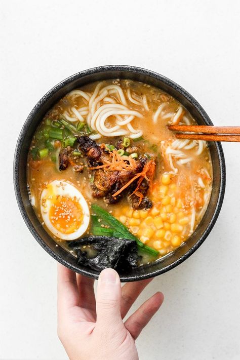 Healthy Miso Ramen with Chicken - Ahead of Thyme Ramen With Chicken, Ramen Toppings, Vegetarian Ramen, Fried Chicken Strips, Today Is Monday, Miso Ramen, Pork Broth, Chicken Ramen, Chicken Orzo Soup