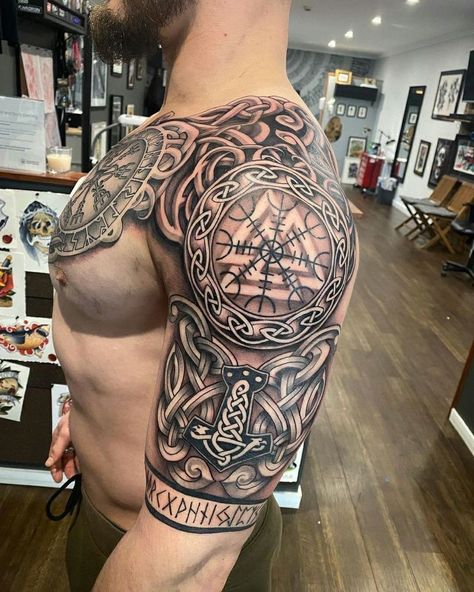 Nordic Tattoo Half Sleeve, Viking Tattoo Half Sleeve, Norse Celtic Tattoo, Celtic Tattoo Sleeve Men, Man Half Sleeve Tattoo, Norwegian Tattoos Men, Norse Shoulder Tattoo, Viking Half Sleeve Tattoo For Men, Nordic Shoulder Tattoo