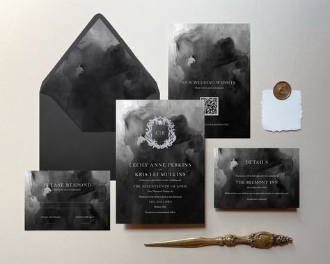 This dark moody watercolor wedding invitation suite is a printable instant download that you can purchase, edit, and print on your own with no waiting on a designer. The backside includes QR code capabilities. The size is 5x7 inches (main card front and back) and 3.5x5 inches (details and rsvp cards) and comes with the coordinating liner in the A7 euro and square flap shapes.  You must access your envelope liners from your "Purchases" page on Etsy. These will not be present on Templett.com where Moody Vintage Wedding Invitations, Moody Romantic Wedding Invitations, Dark And Moody Wedding Invites, Dark Wedding Invitations Zazzle, Dark Wedding Invitations, Moody Floral Wedding Invitations, Moody Wedding Invitations, Watercolor Wedding Invitation Suite, Dark Wedding